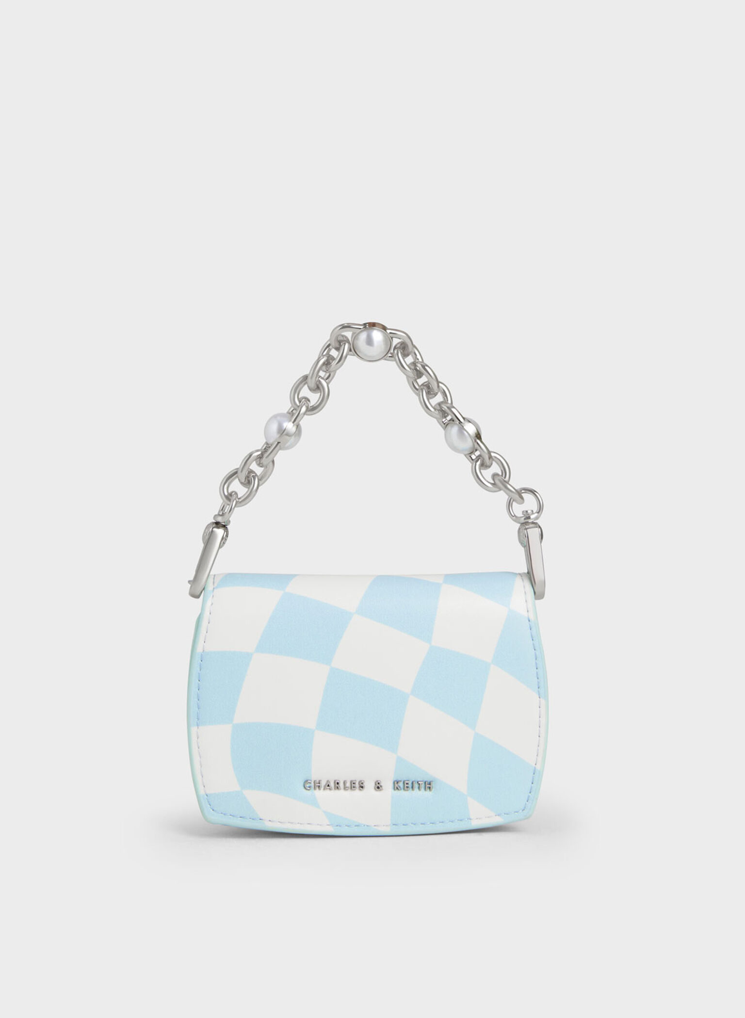 Chain Handle Checkered Vanity Pouch, Light Blue, hi-res