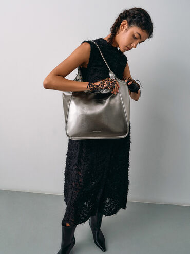 Sianna Metallic Crinkle-Effect Slouchy Tote Bag, Pewter, hi-res