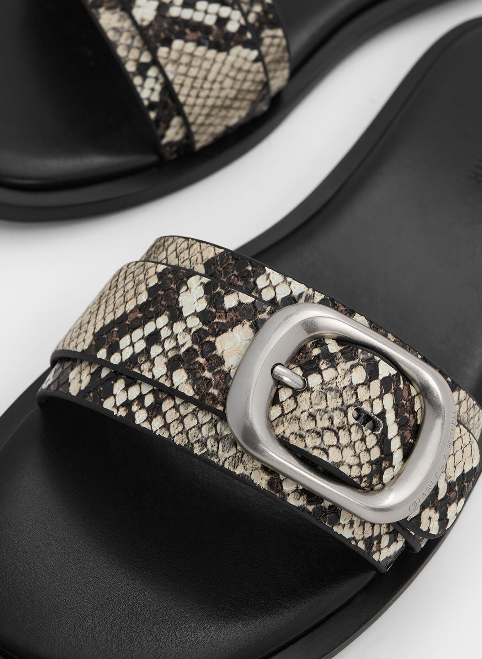 Snake-Print Buckle-Strap Slide Sandals, Animal Print Natural, hi-res