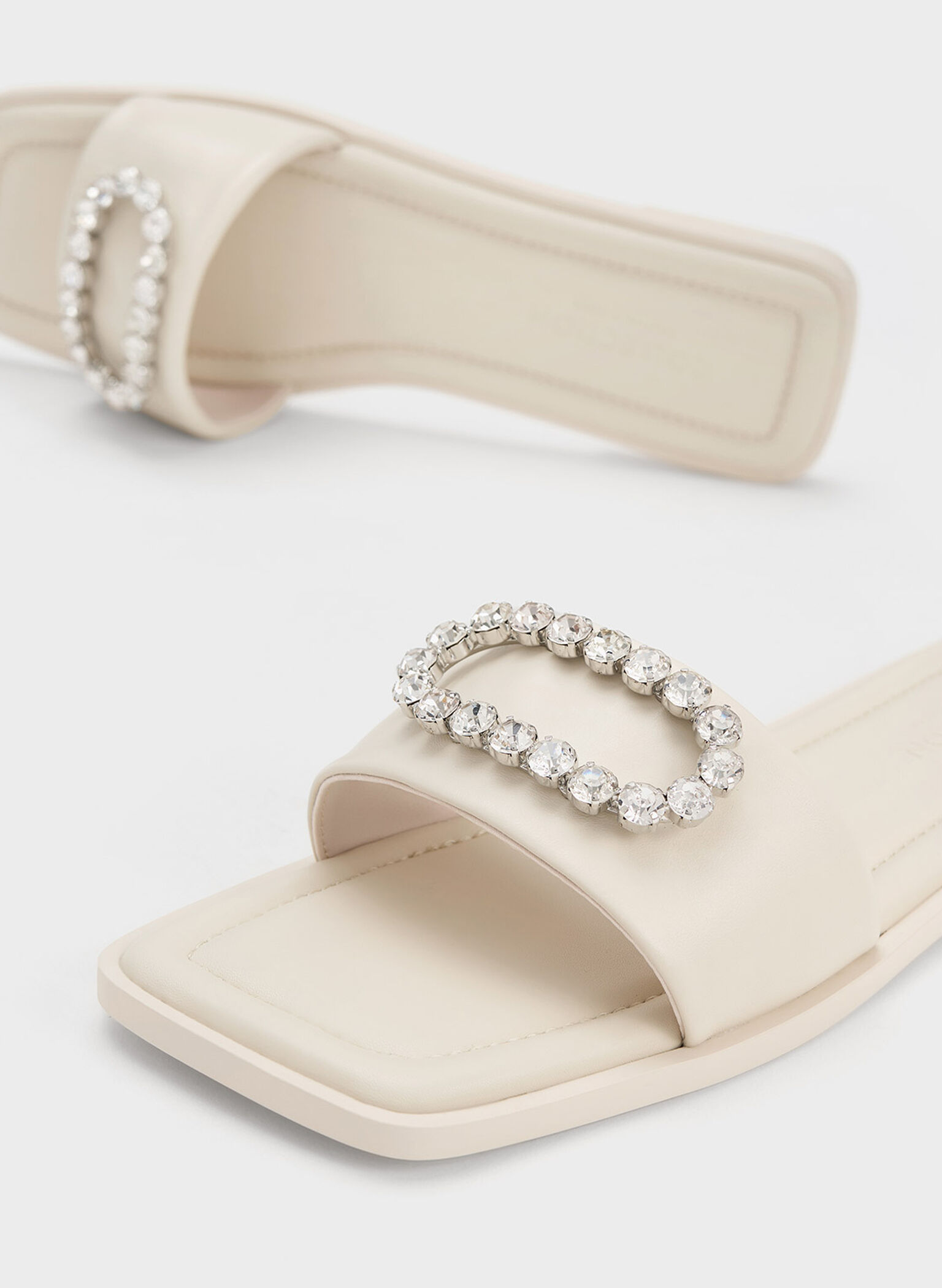 Gem-Embellished Leather Slides, Chalk, hi-res