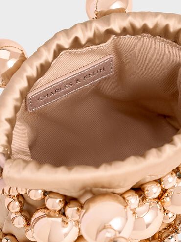 Metallic Beaded Top Handle Bag, Rose Gold, hi-res