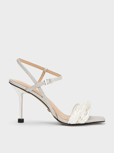 Leda Beaded Asymmetric Glittered Sandals, Silver, hi-res