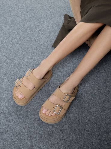 Buckled Double-Strap Flatform Sandals, Beige, hi-res
