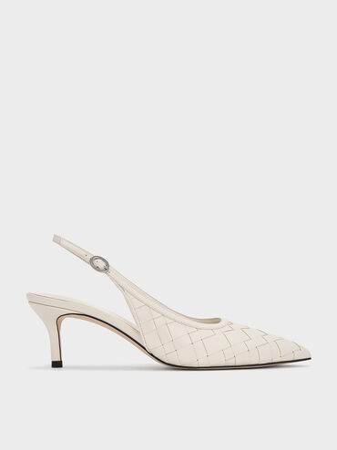 Woven Pointed-Toe Slingback Pumps, Chalk, hi-res