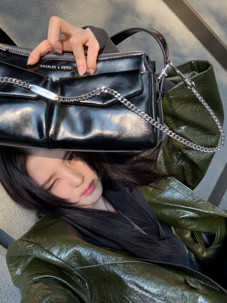 Rachel Elongated Front-Pocket Chain-Handle Bag, Noir, hi-res