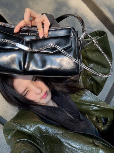 Rachel Elongated Front-Pocket Chain-Handle Bag, Noir, hi-res