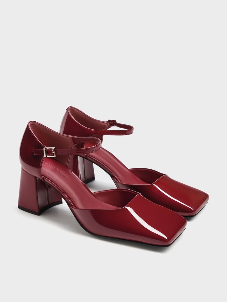 Patricia Patent Square-Toe D'Orsay Ankle-Strap Pumps, Burgundy, hi-res