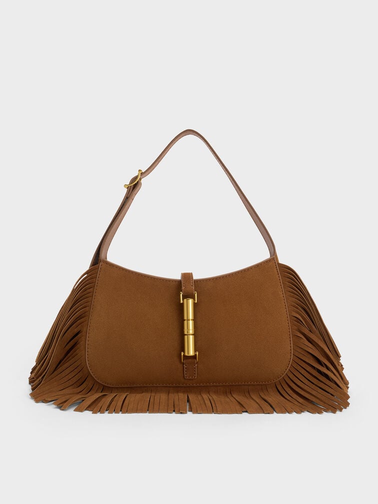 Cesia Recycled Suede Metallic-Accent Fringed Shoulder Bag, Sienna Brown, hi-res