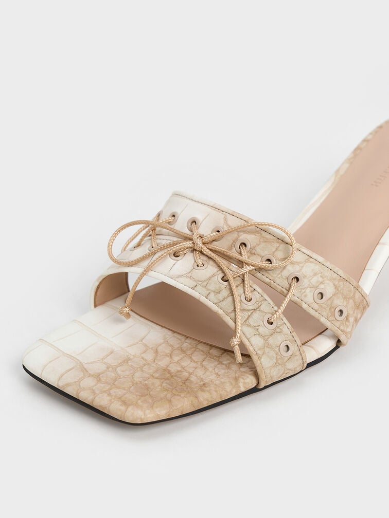 Croc-Effect Lace-Up Double-Strap Kitten-Heel Mules, Chalk, hi-res