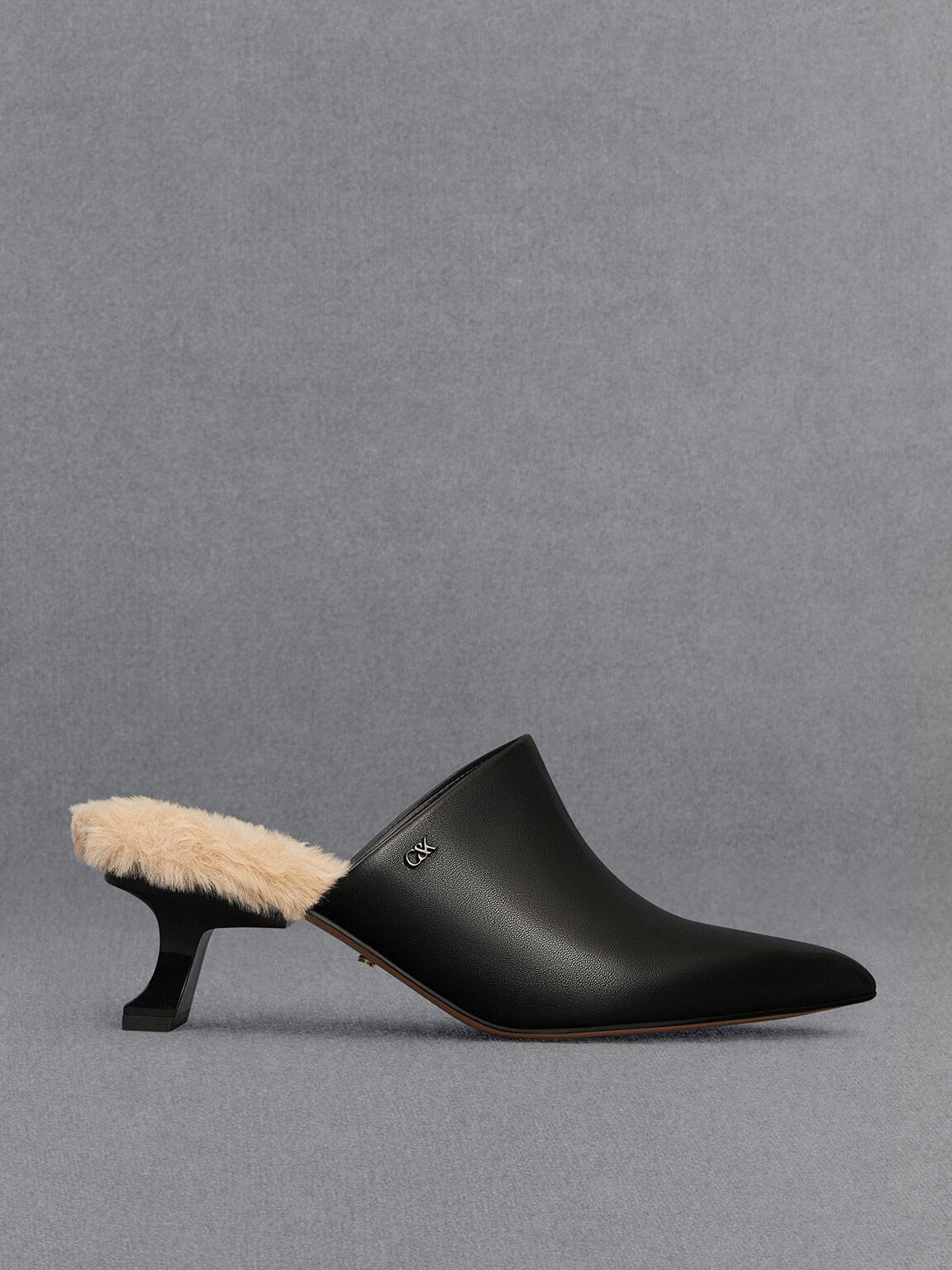 Leather Fur Trim Sculptural Heel Mules Black