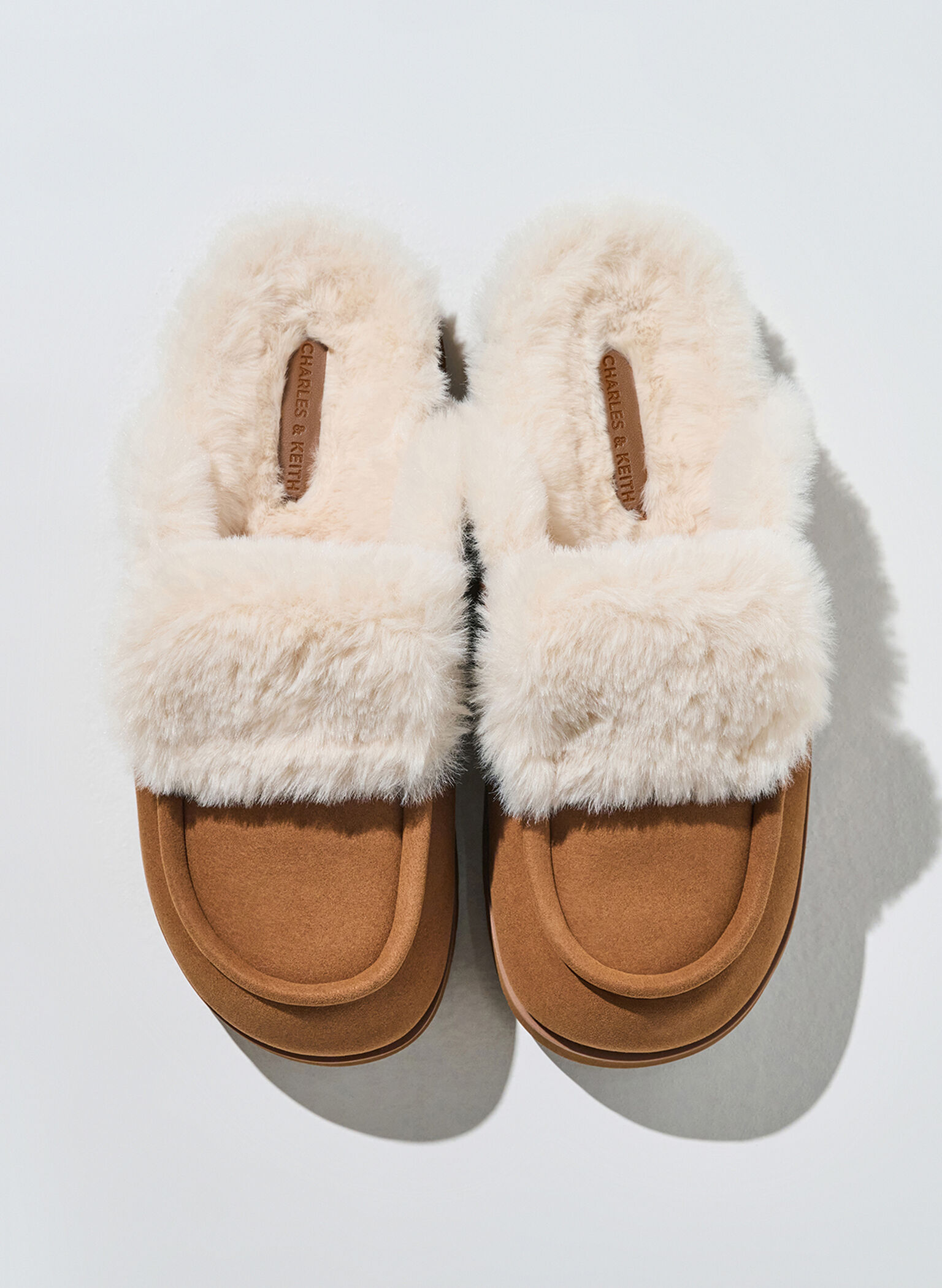Textured Fur-Trim Flatform Mules, Brown, hi-res