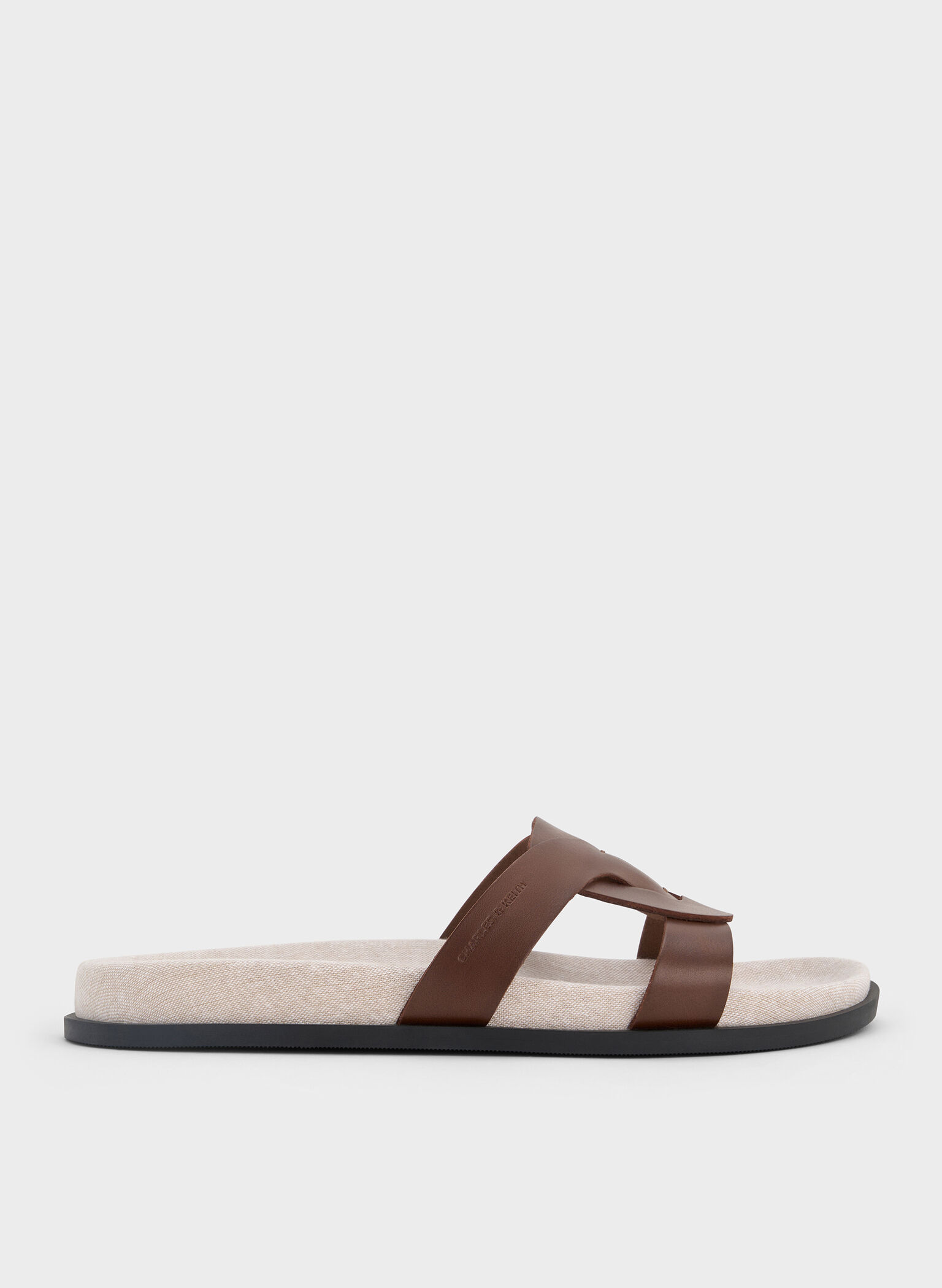 Linen Interwoven Cut-Out Slide Sandals, Dark Brown, hi-res