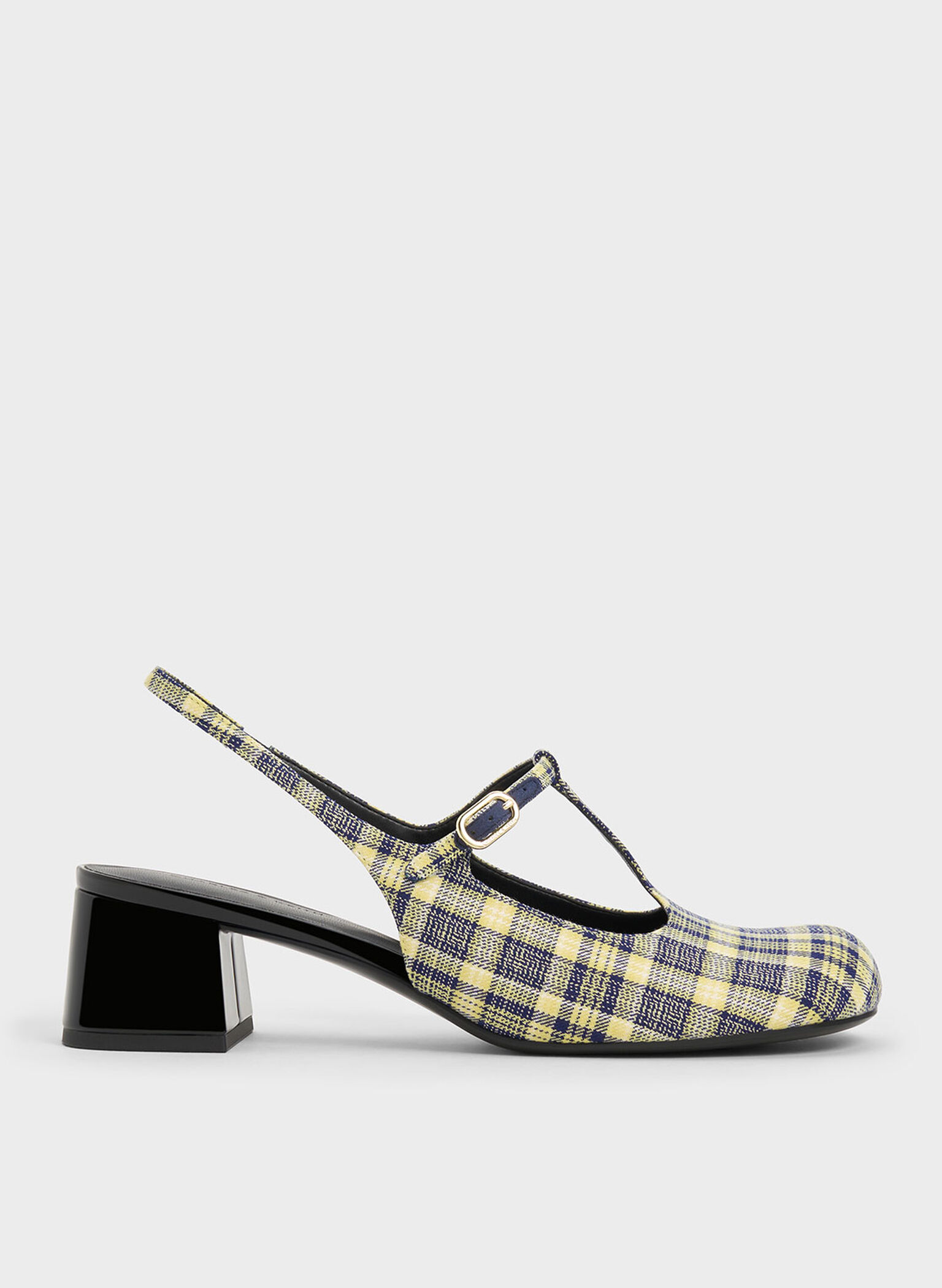 Checkered T-Bar Slingback Mary Jane Pumps, Yellow, hi-res