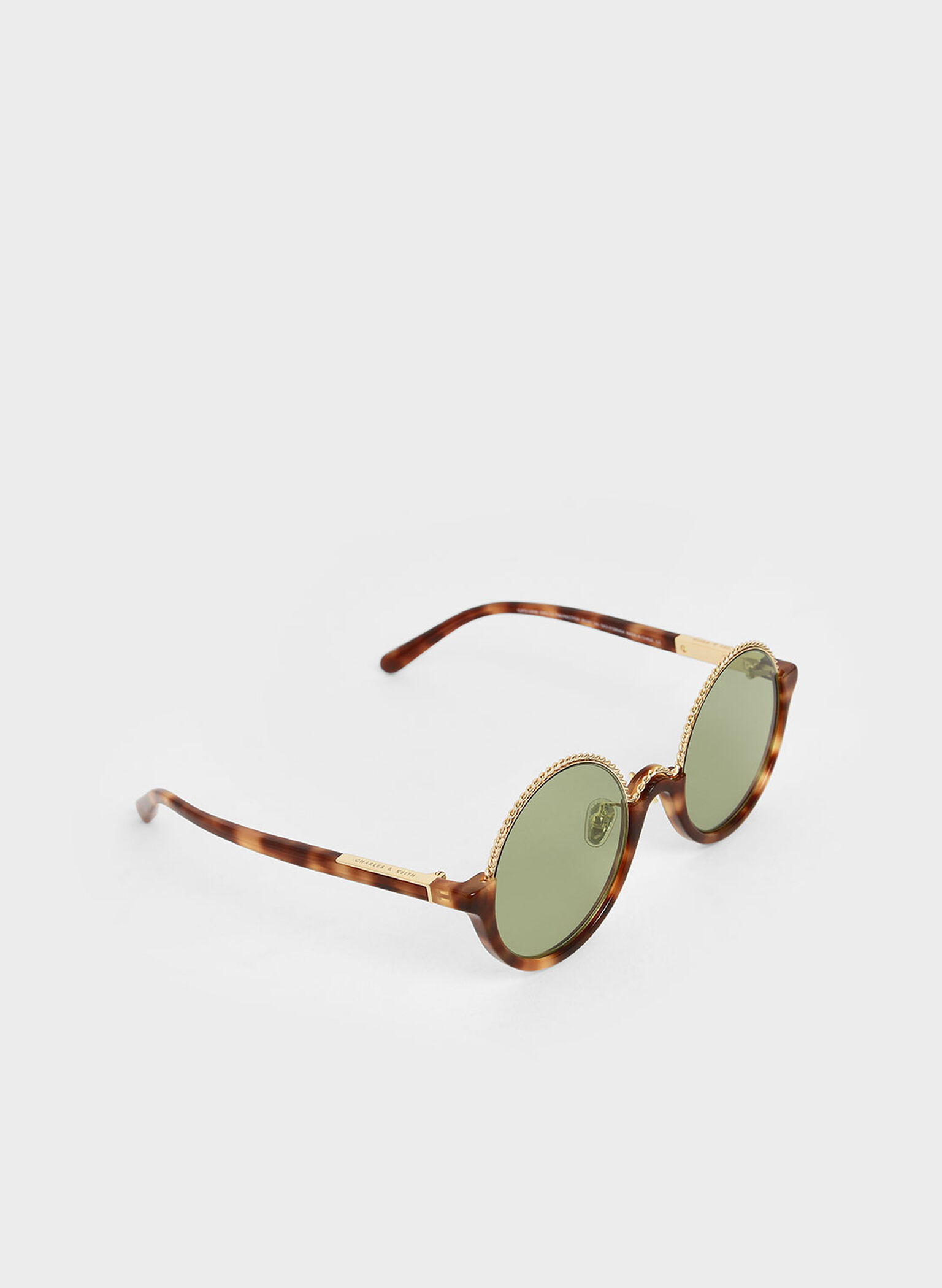 Tortoiseshell Half Frame Embellished Round Sunglasses, T. Shell, hi-res