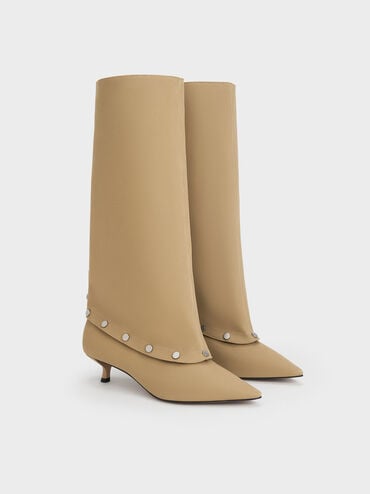 Gael Twill Studded Convertible Kitten-Heel Knee-High Boots, Beige, hi-res