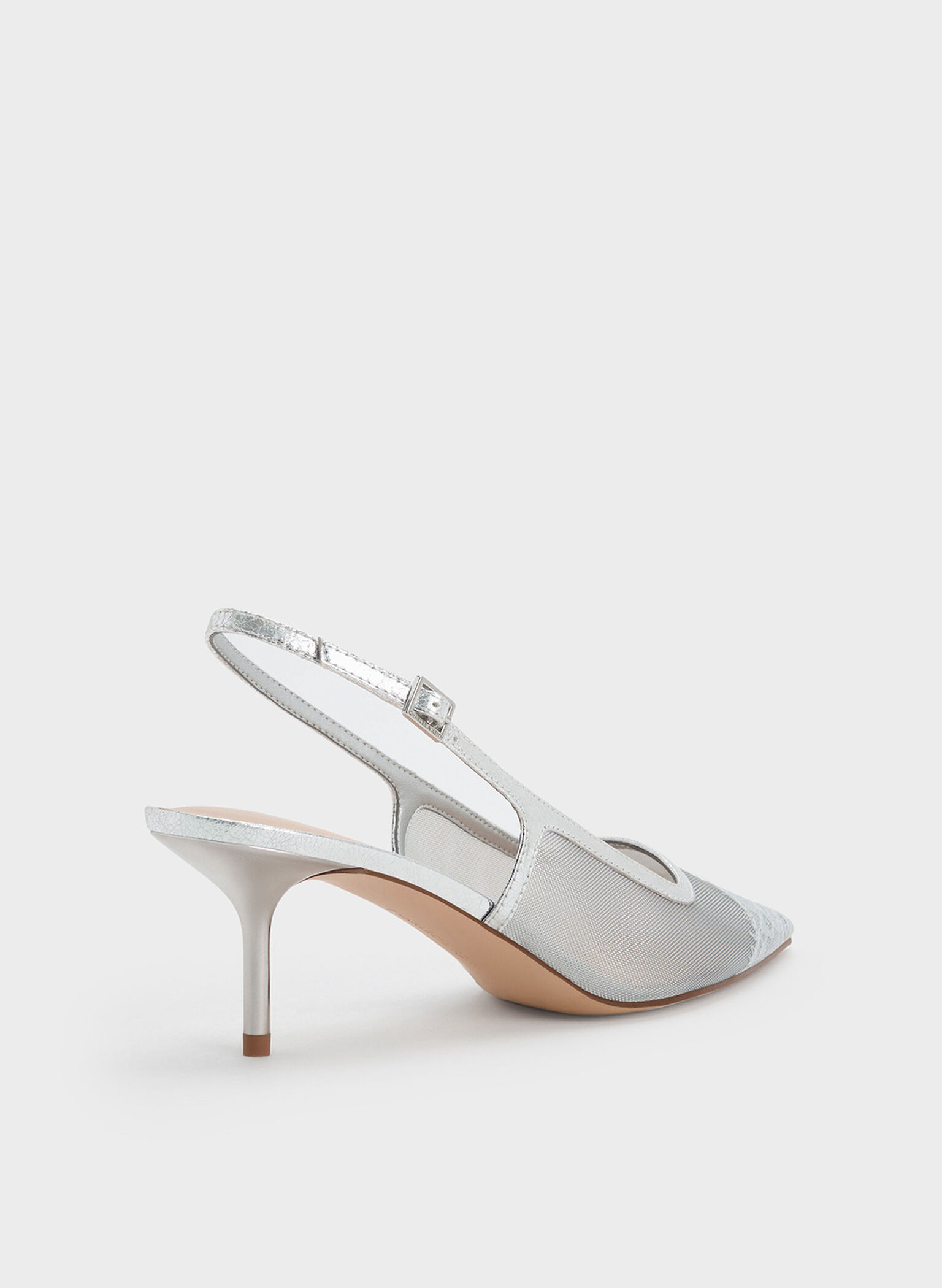 Mesh & Lace Pointed-Toe Slingback Pumps, Silver, hi-res