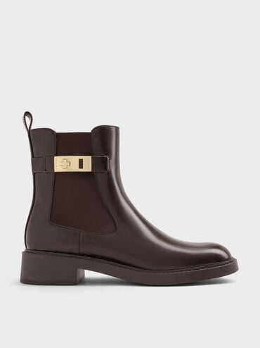 Lando Faux Suede Metallic-Buckle Chelsea Boots, Dark Brown, hi-res