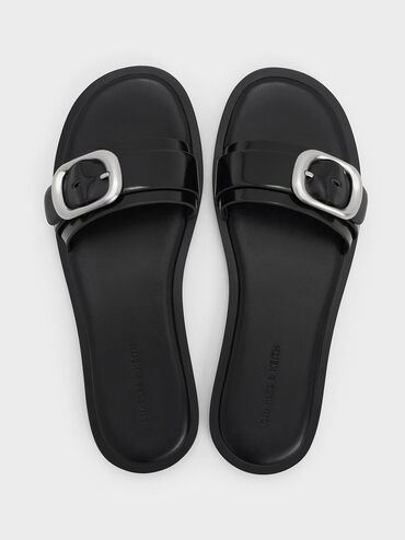 Buckle-Strap Slide Sandals, Black Box, hi-res