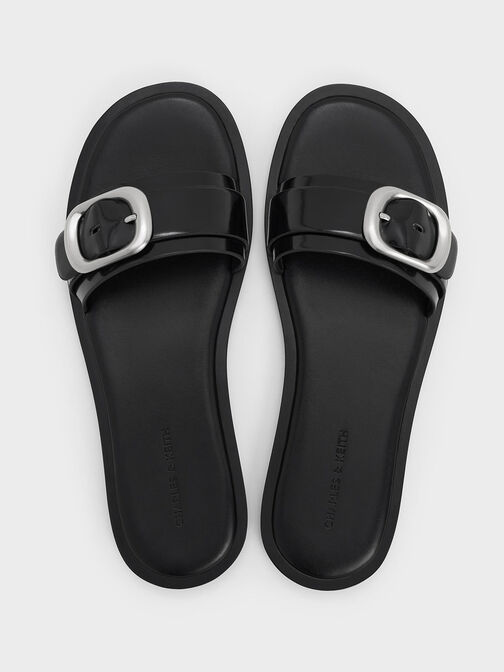 Buckle-Strap Slide Sandals, Black Box, hi-res