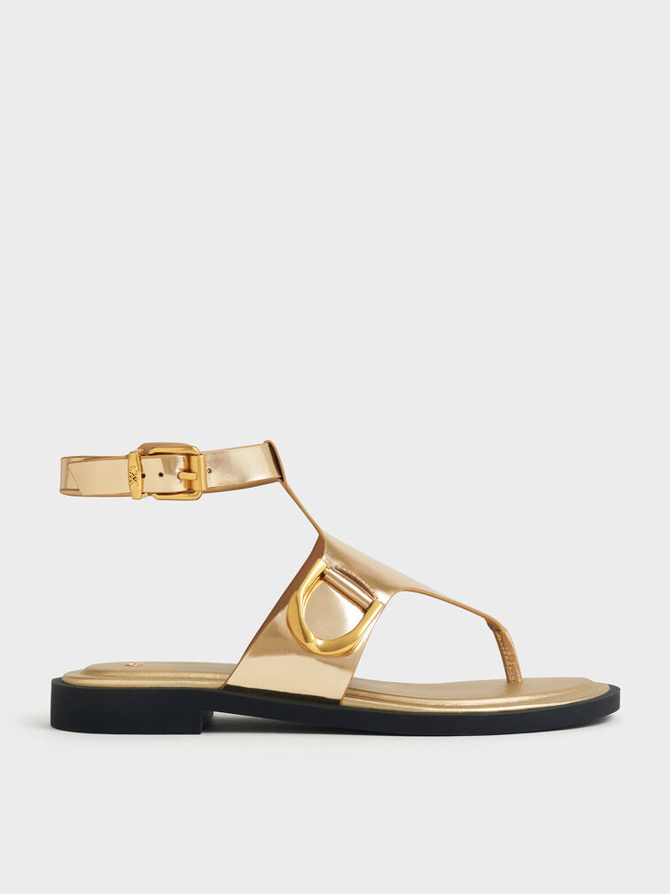 Gabine Metallic Leather Ankle-Strap Thong Sandals, Gold, hi-res