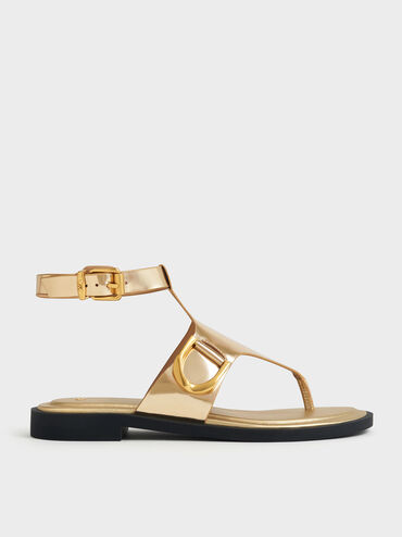 Gabine Metallic Leather Ankle-Strap Thong Sandals, Gold, hi-res