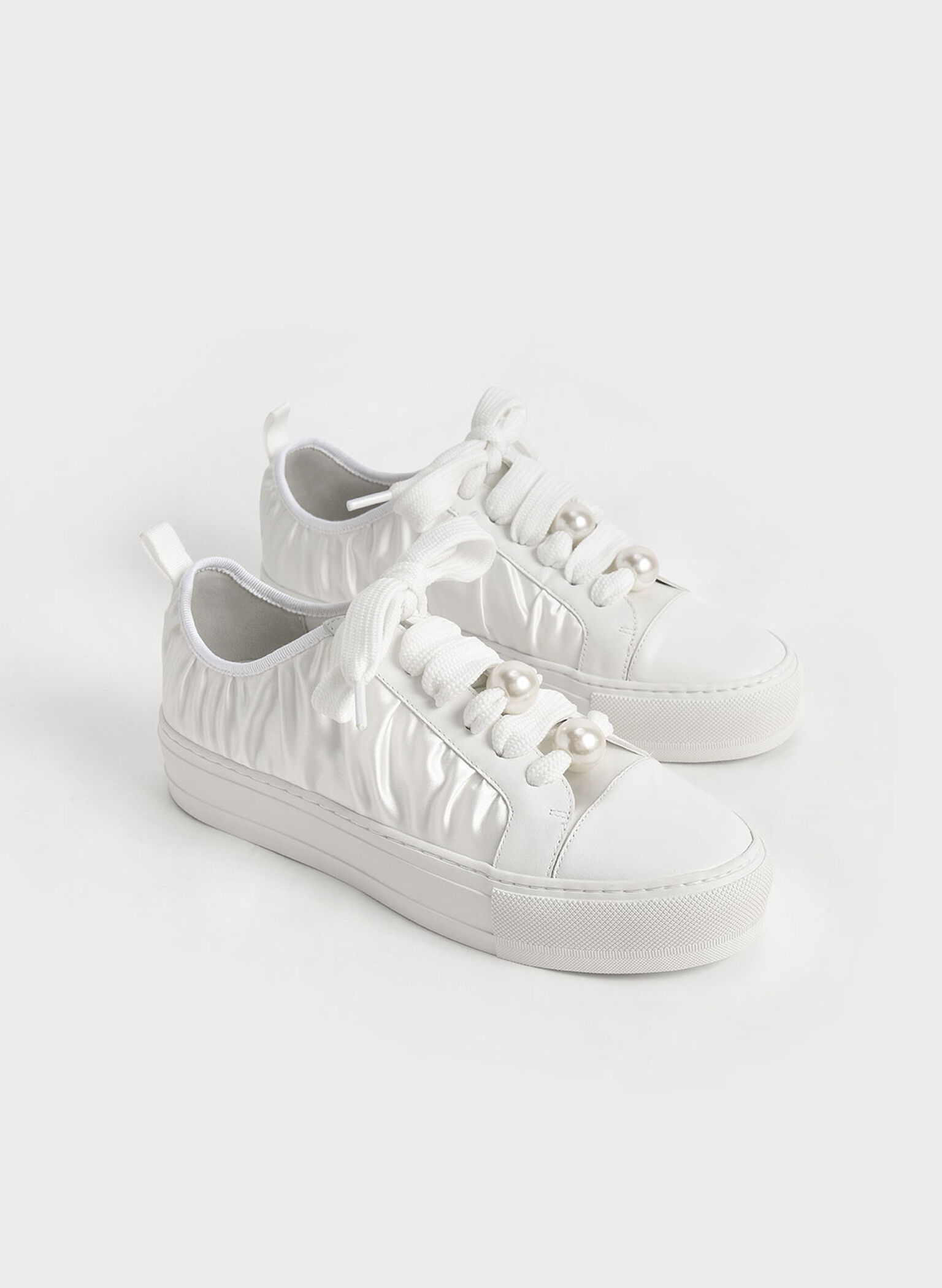 Blythe Leather & Satin Bead-Embellished Sneakers, White, hi-res