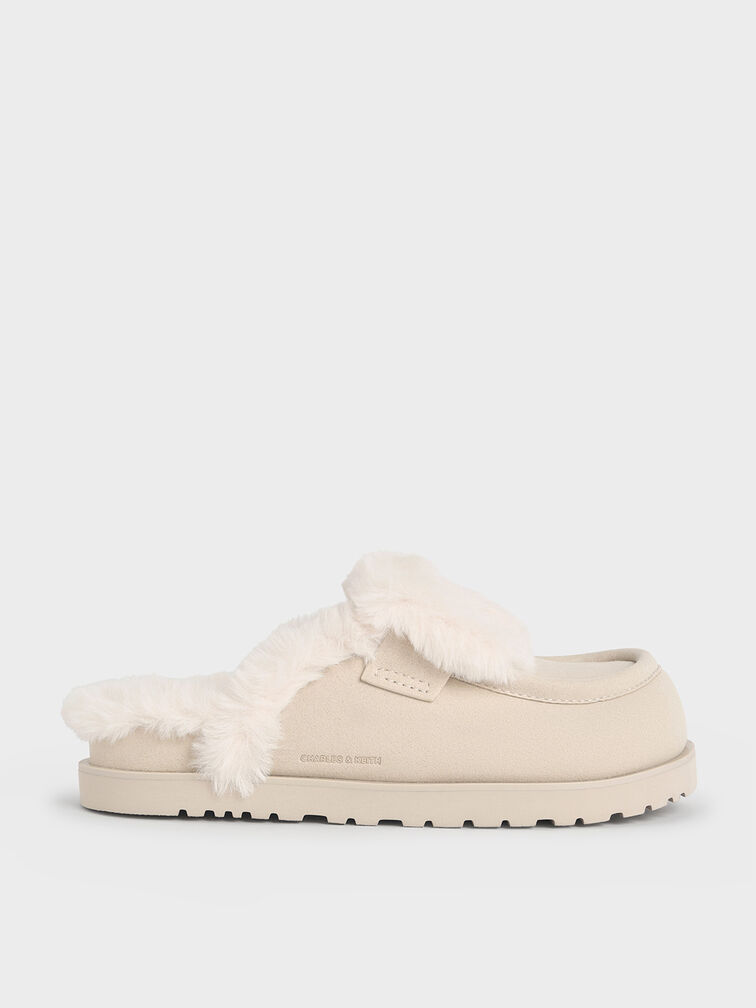 Textured Fur-Trim Flatform Mules, Beige, hi-res