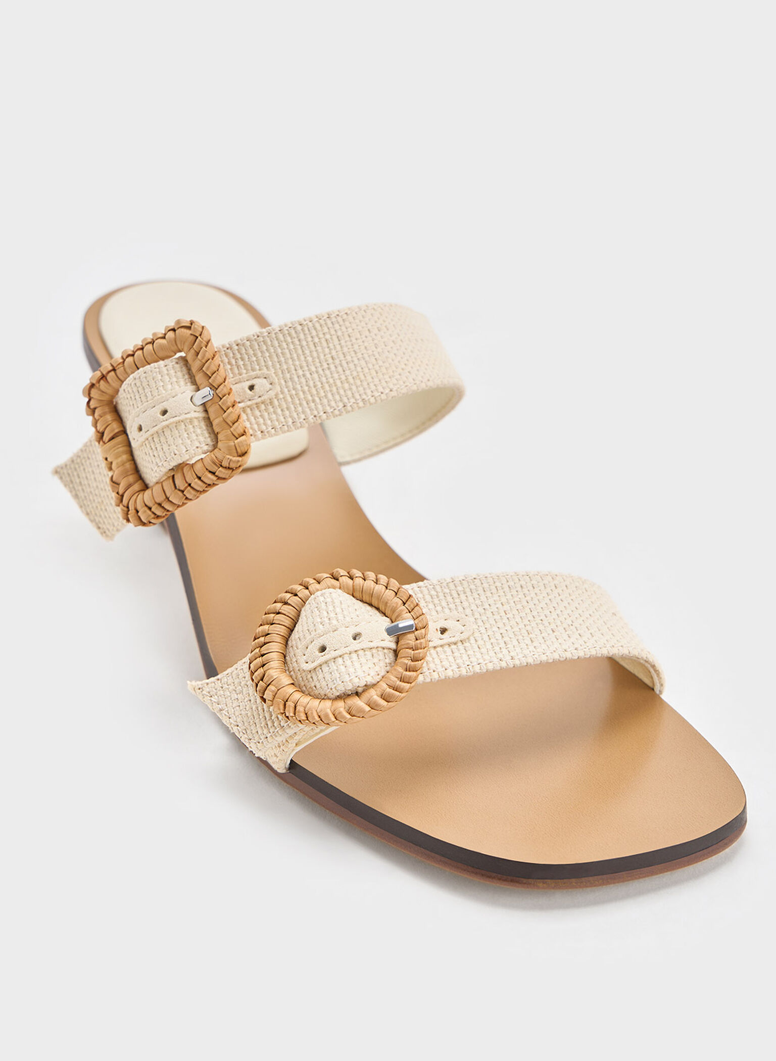 Woven-Buckle Heeled Mules, Chalk, hi-res