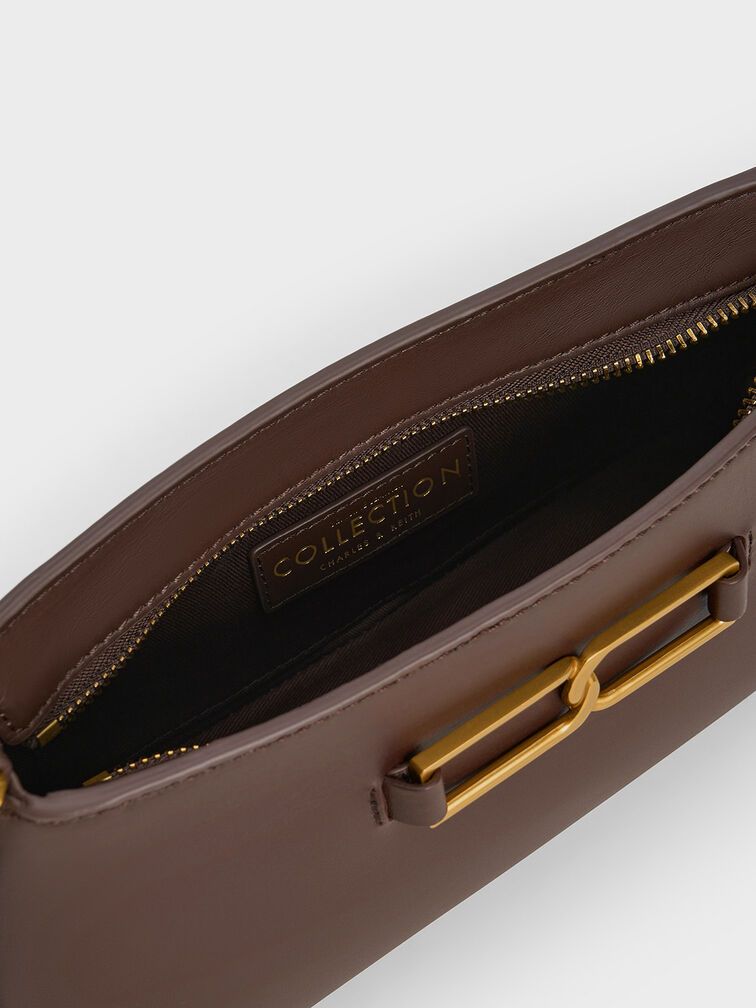 Gabine Leather Trapeze Shoulder Bag, Dark Brown, hi-res
