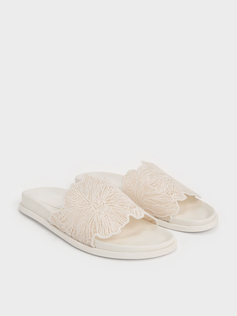 Crochet Floral Slide Sandals, White, hi-res