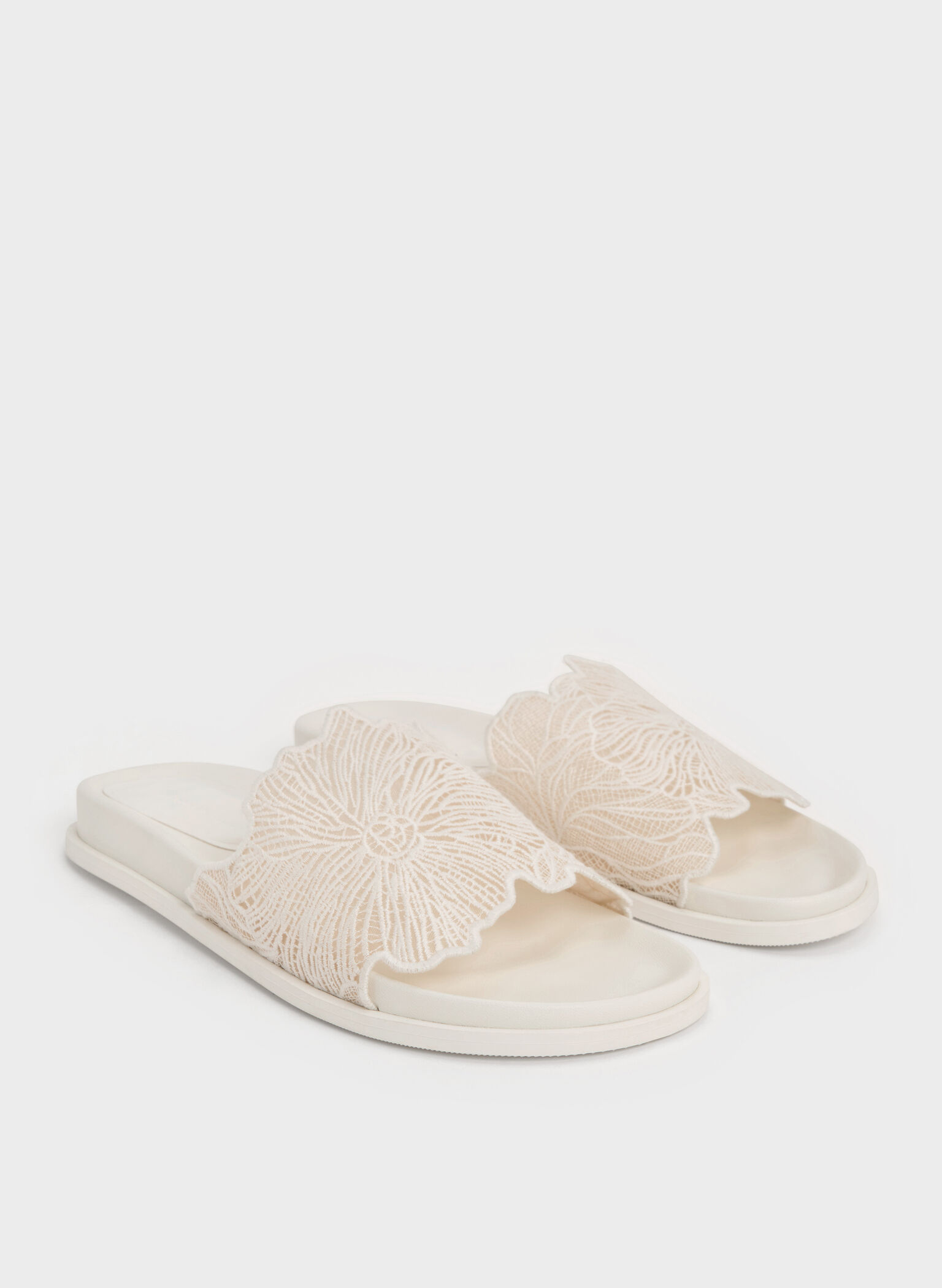 Crochet Floral Slide Sandals, White, hi-res