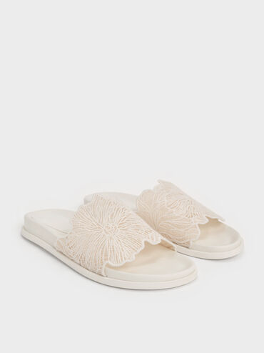 Crochet Floral Slide Sandals, White, hi-res