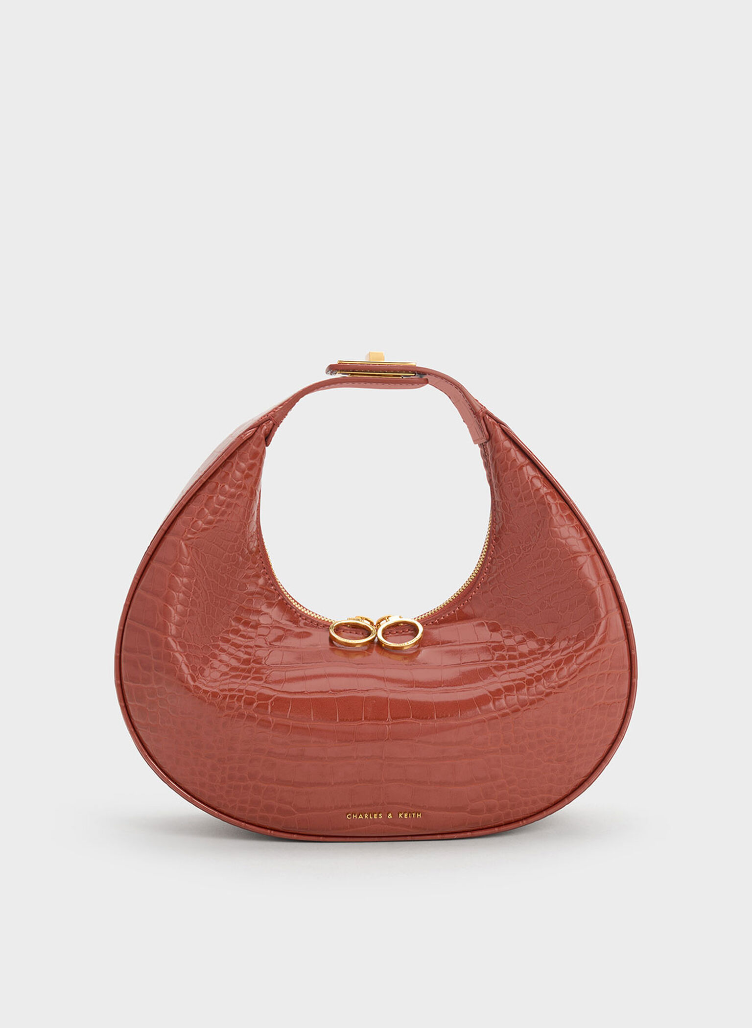 Croc-Embossed Crescent Hobo Bag, Brown, hi-res