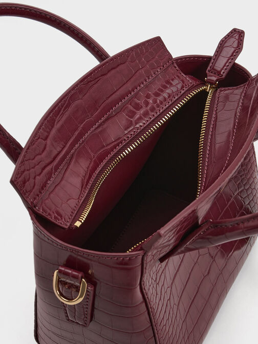 Croc-Effect Trapeze Structured Tote Bag, Burgundy, hi-res