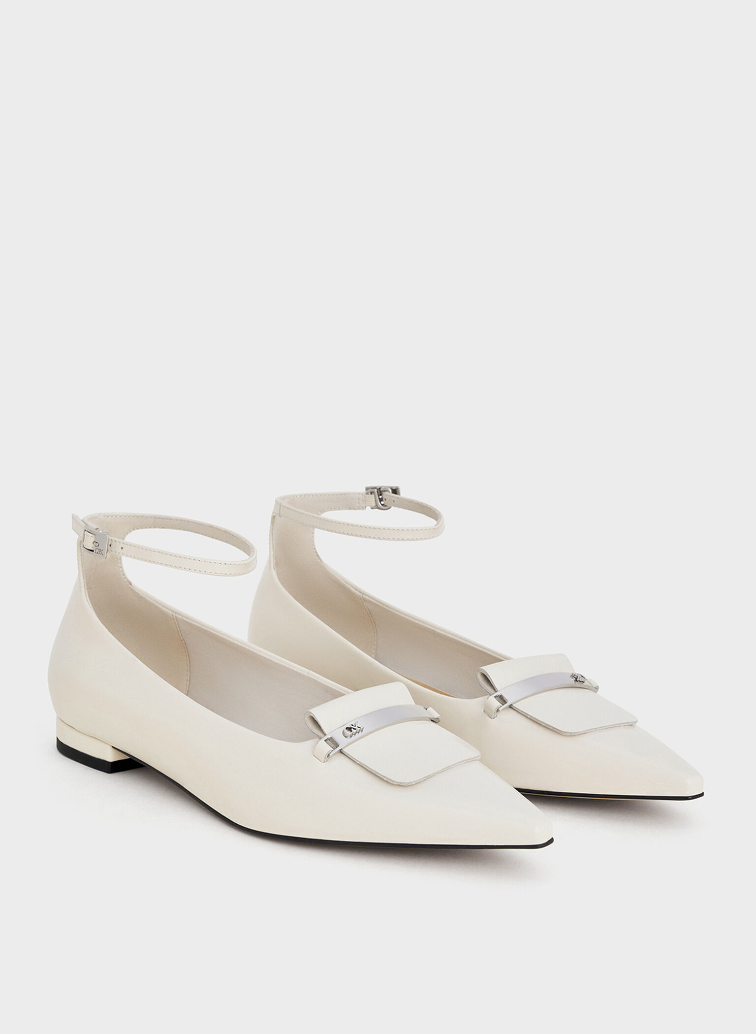 Leather Metallic-Accent Pointed-Toe Ankle-Strap Flats, Chalk, hi-res