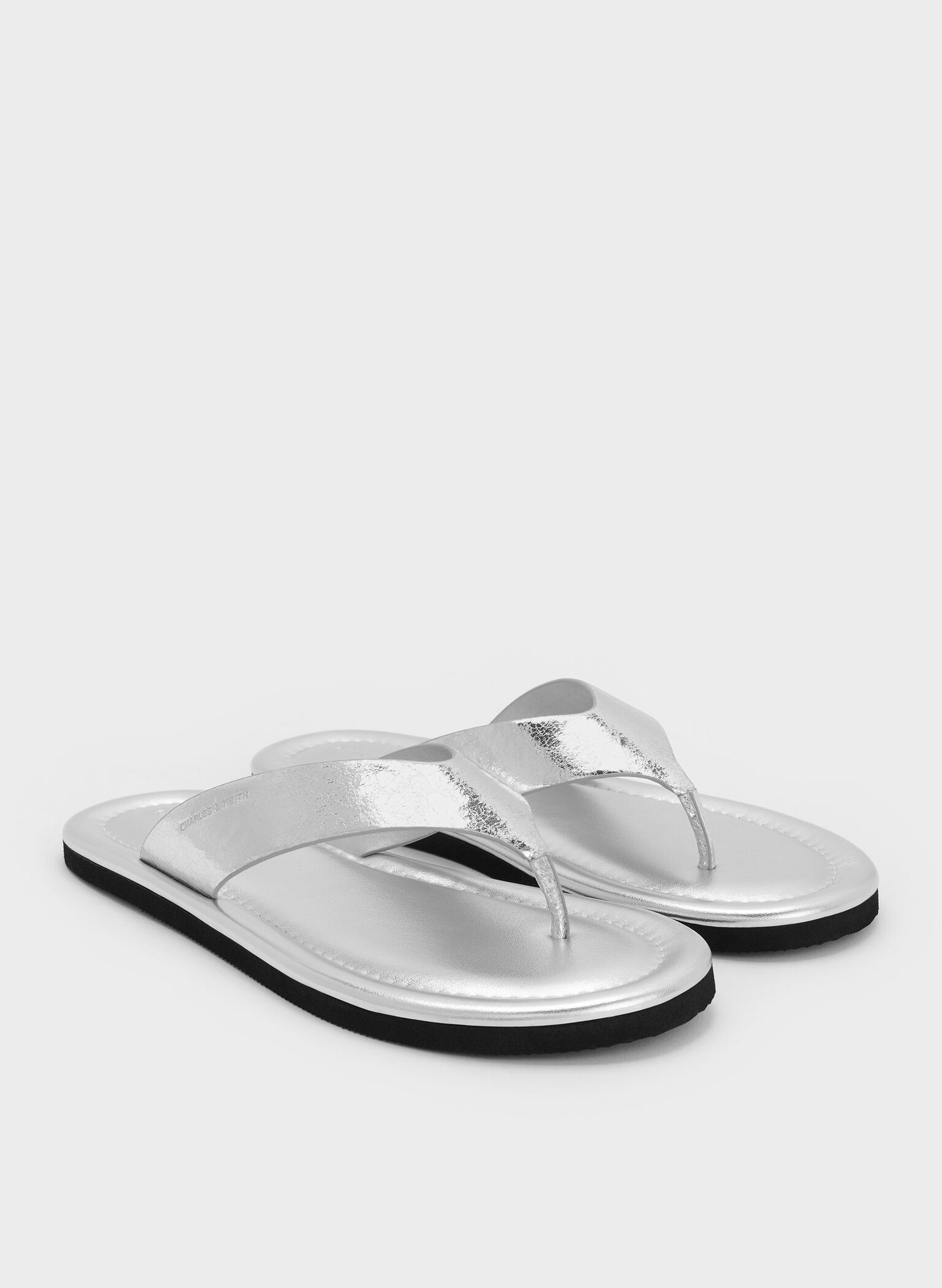 Trinah Metallic Crinkle-Effect Thong Sandals, Silver, hi-res