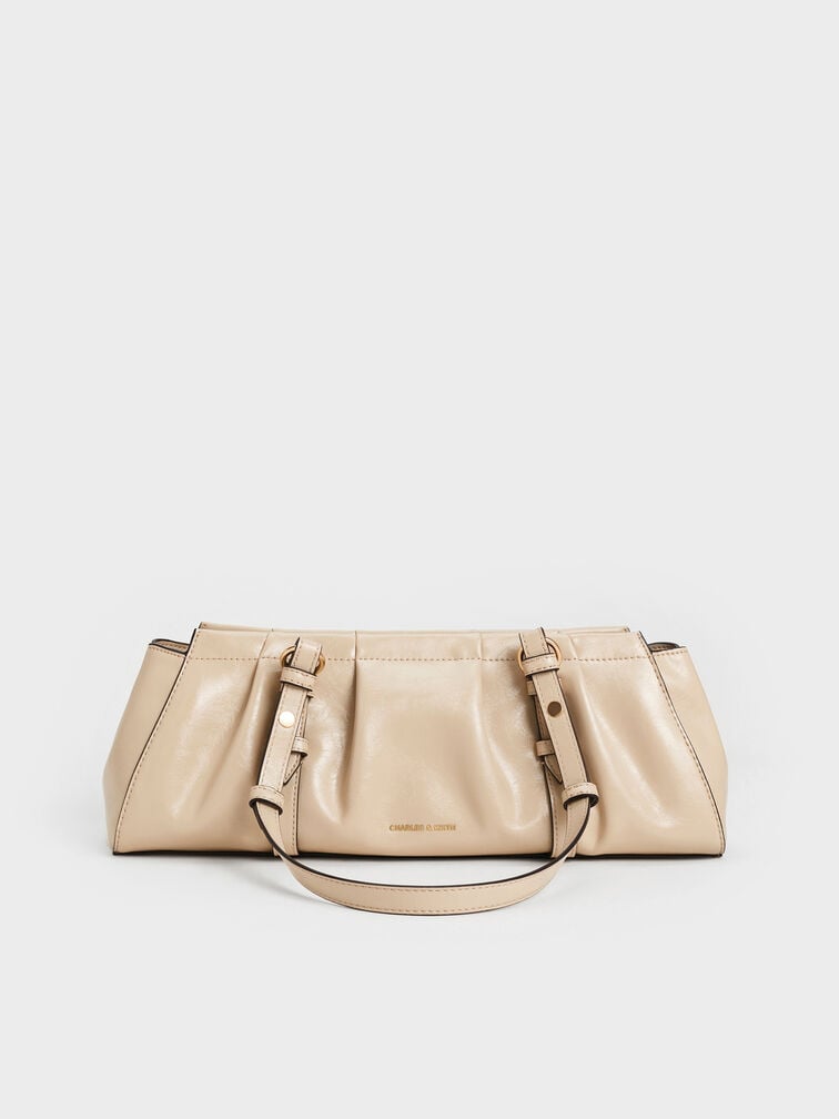 Britton Ruched Elongated Shoulder Bag, Dusted Oat, hi-res