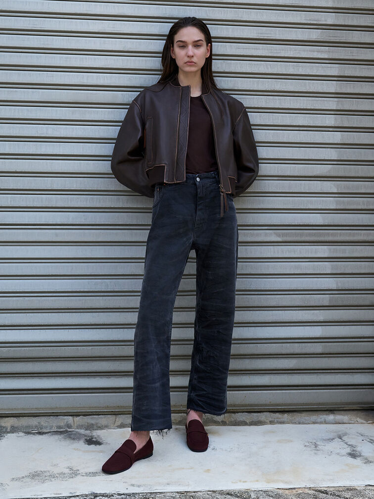 Almond-Toe Flat Loafers, Burgundy, hi-res