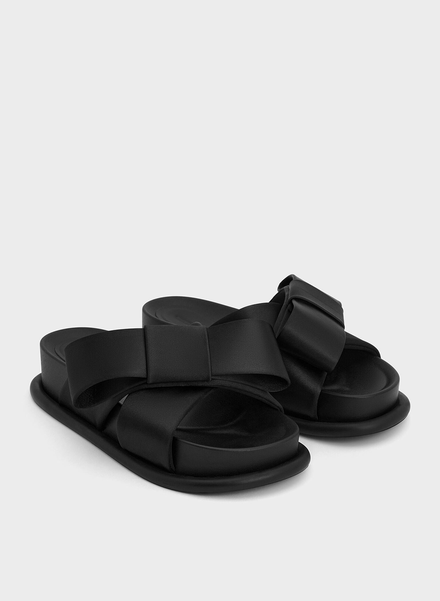Satin Bow Flatform Sandals, Black Textured, hi-res