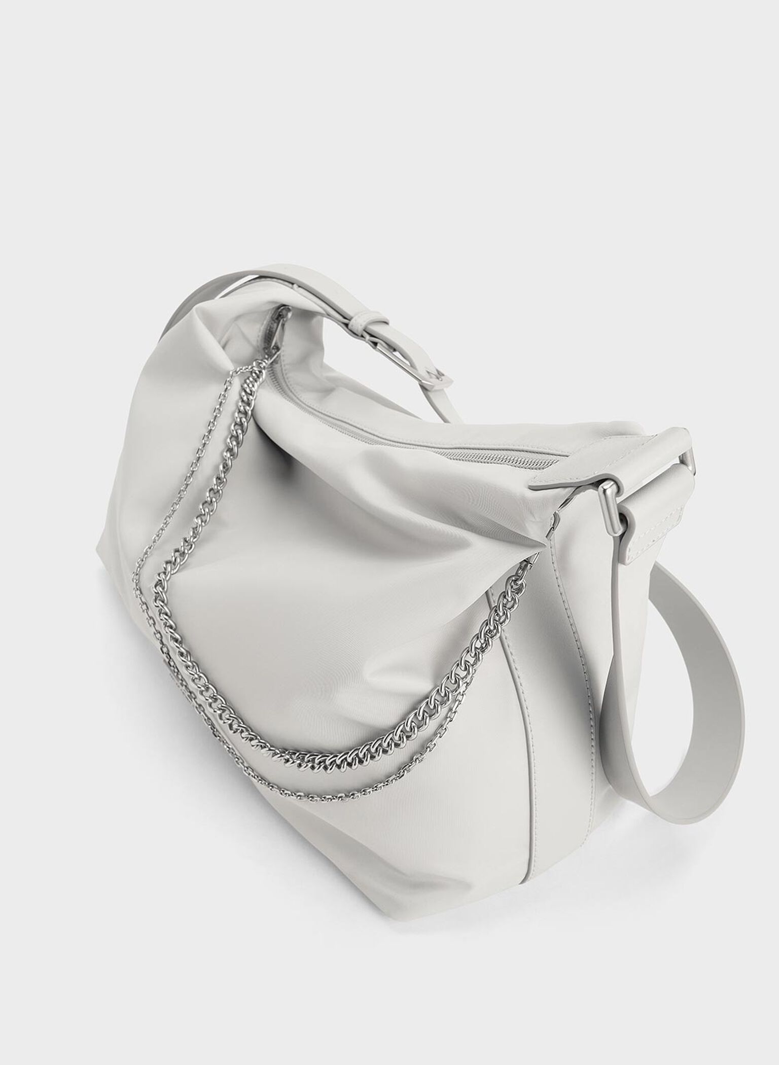 Nylon Chain-Link Slouchy Shoulder Bag, Light Grey, hi-res