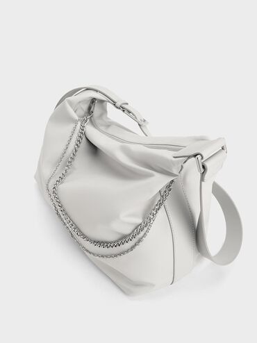 Nylon Chain-Link Slouchy Shoulder Bag, Light Grey, hi-res