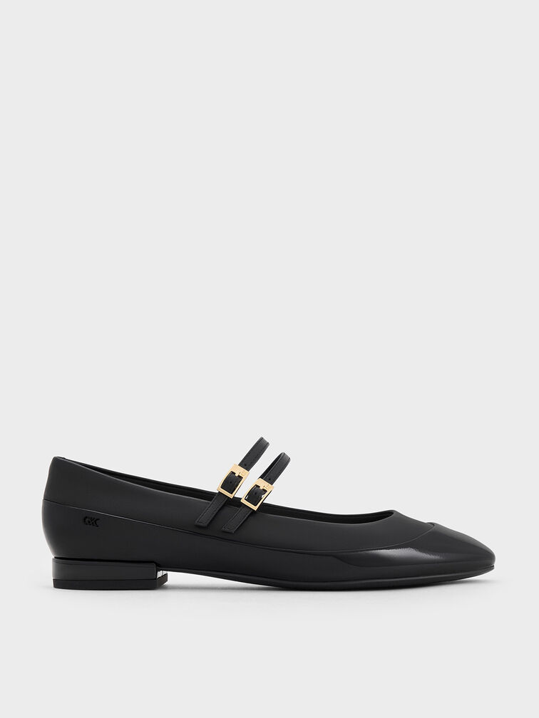 Leather & Patent Double-Strap Mary Jane Flats, Black, hi-res