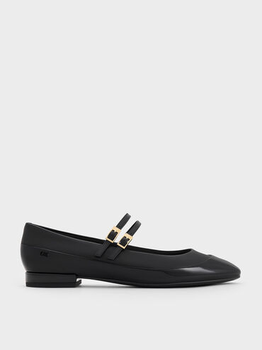 Leather & Patent Double-Strap Mary Jane Flats, Black, hi-res
