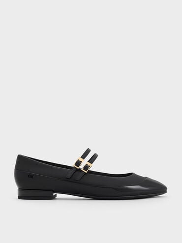 Leather & Patent Double-Strap Mary Jane Flats, Black, hi-res