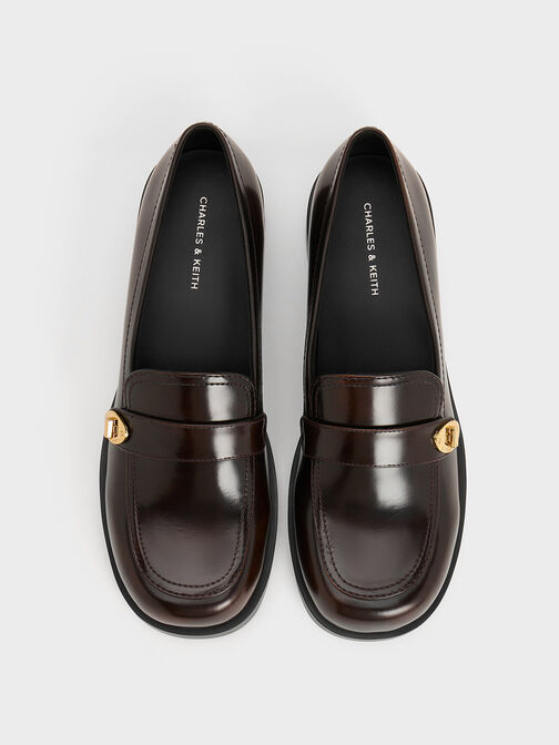 Metallic-Buckle Strap Loafers, Brown, hi-res