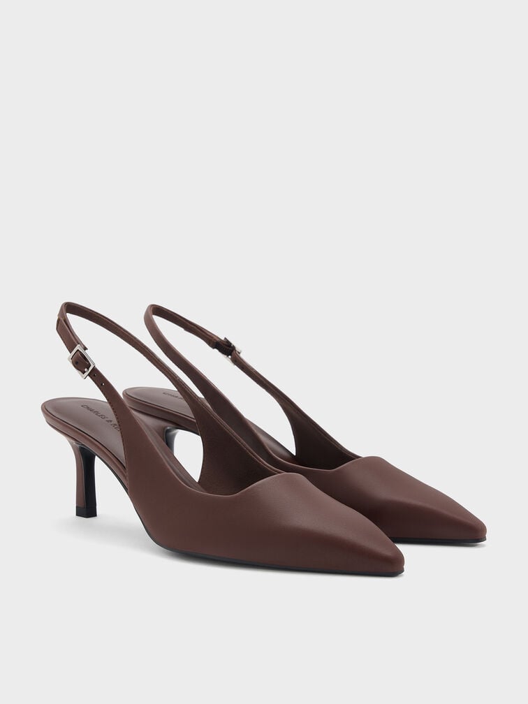 Pointed-Toe Kitten-Heel Slingback Pumps, Dark Brown, hi-res
