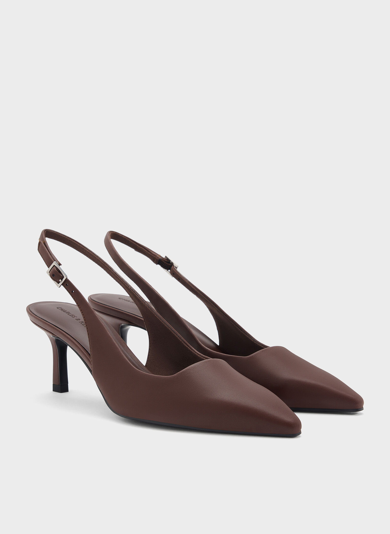 Pointed-Toe Kitten-Heel Slingback Pumps, Dark Brown, hi-res