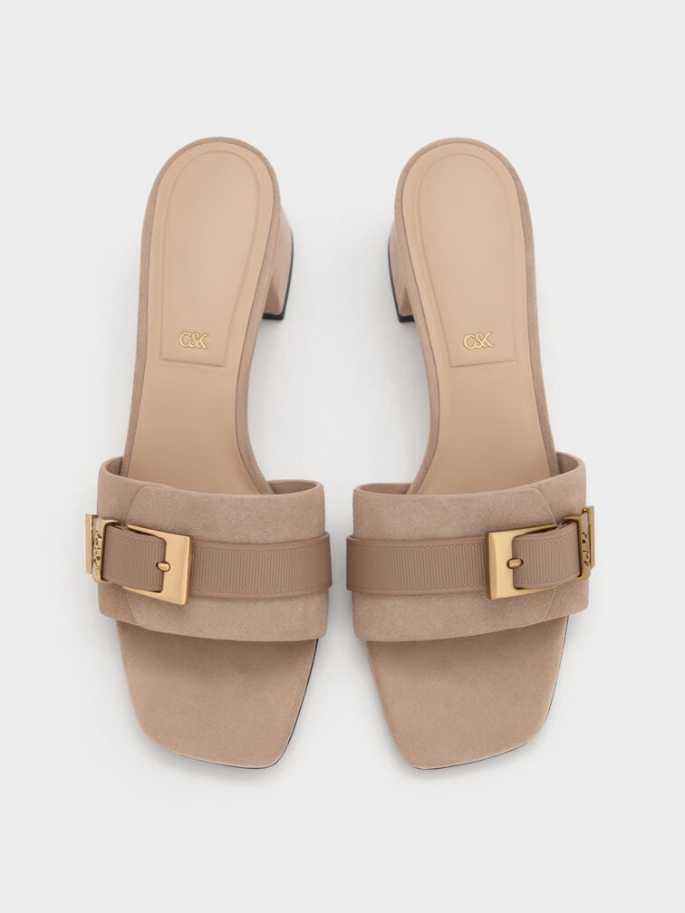 Whitney Suede & Leather Buckled Block-Heel Mules, Taupe, hi-res