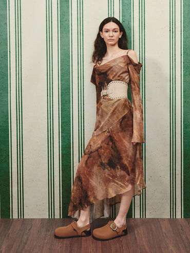 Suede Buckled Slingback Mules, Brown, hi-res