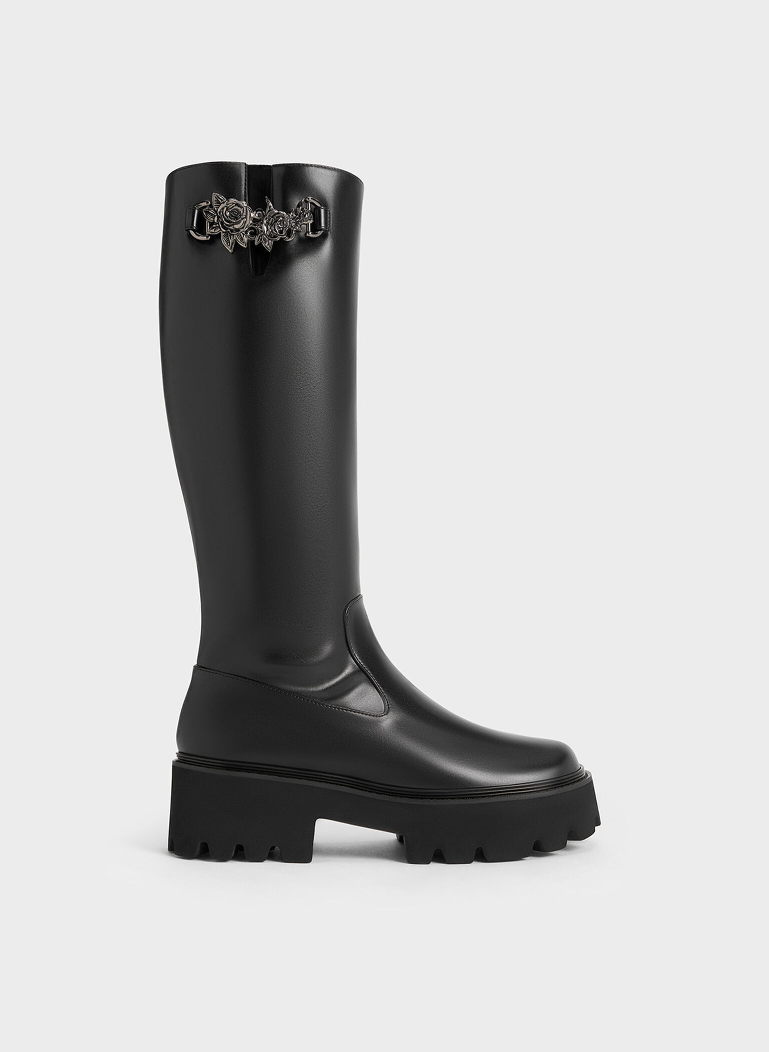 Imogen Rose-Motif Chunky Knee-High Boots, Black, hi-res